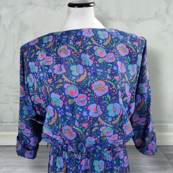 Vintage Floral Print Midi Secretary Dress Size 14 Purple Shirtwaist - Picture 6 of 16